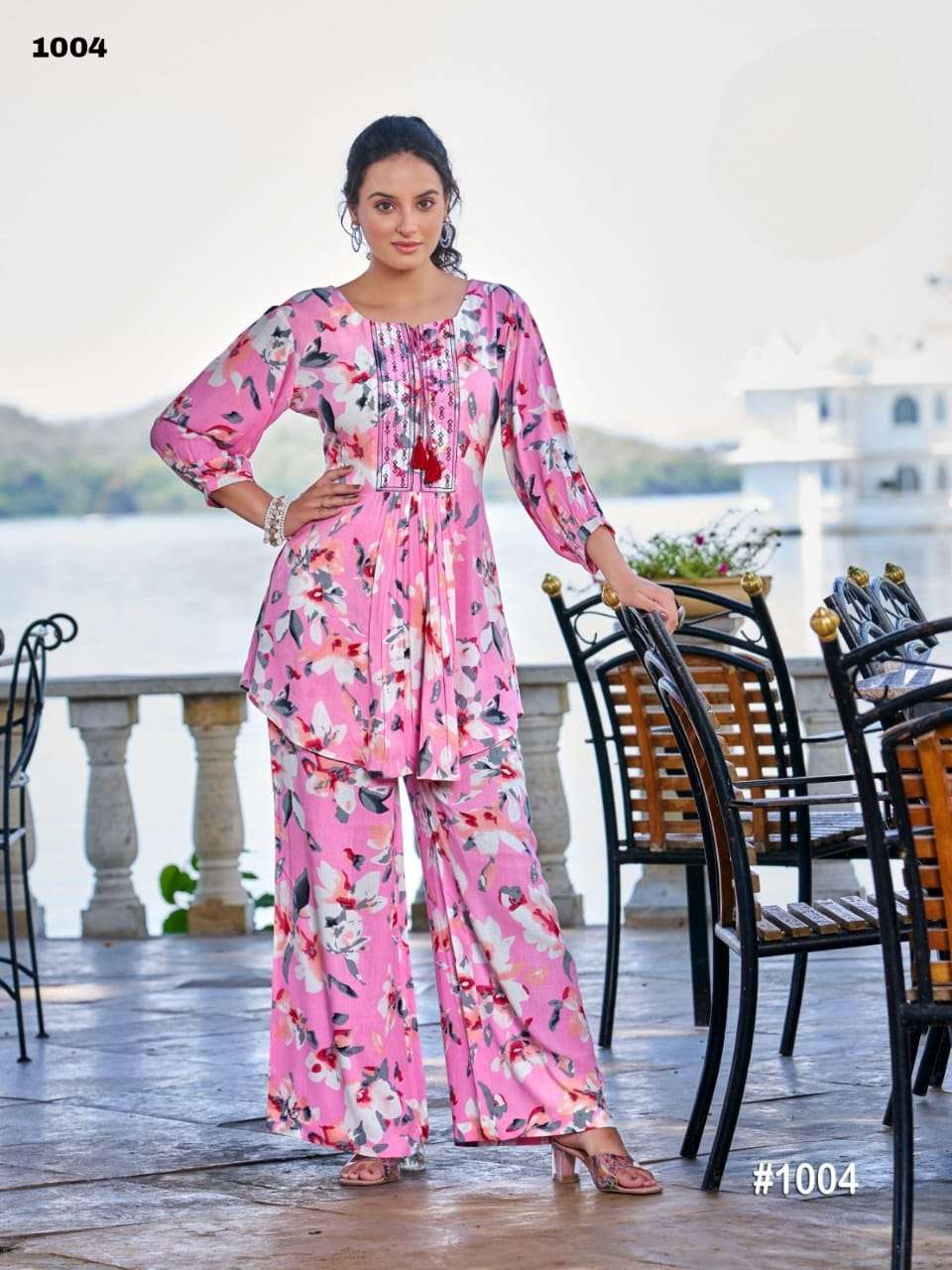 ALEXA HEAVY RAYON RINKLE PRINT WITH EMBROIDERY WORK TOP WITH BOTTOM CORD SET BY S3FOREVER BRAND 1004